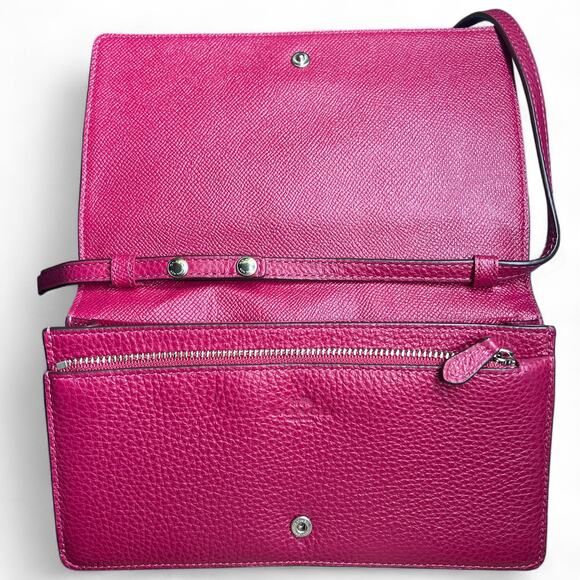 Coach Foldover Crossbody Clutch in the color Dark Fuchsia leather w/ charm NWT - Picture 8 of 13